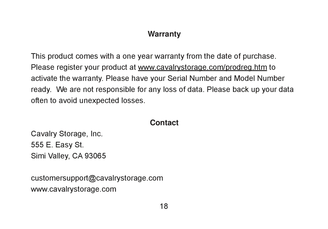 Cavalry Storage CADB-U34 user manual Warranty Contact 