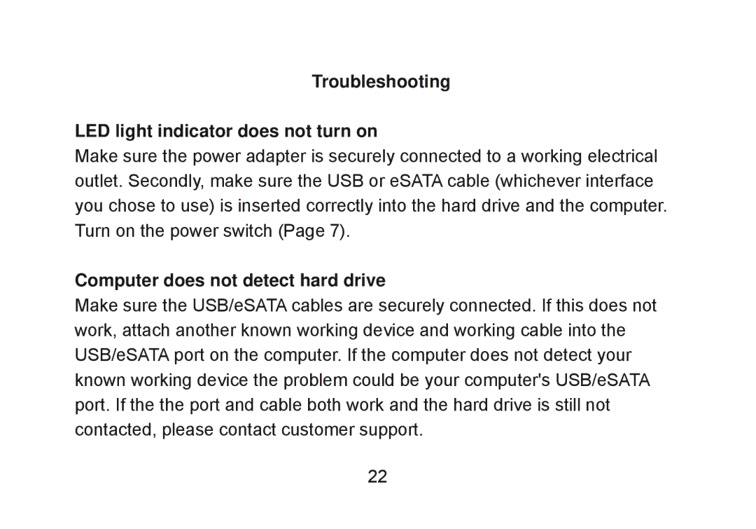 Cavalry Storage CADT-SA2 Troubleshooting LED light indicator does not turn on, Computer does not detect hard drive 