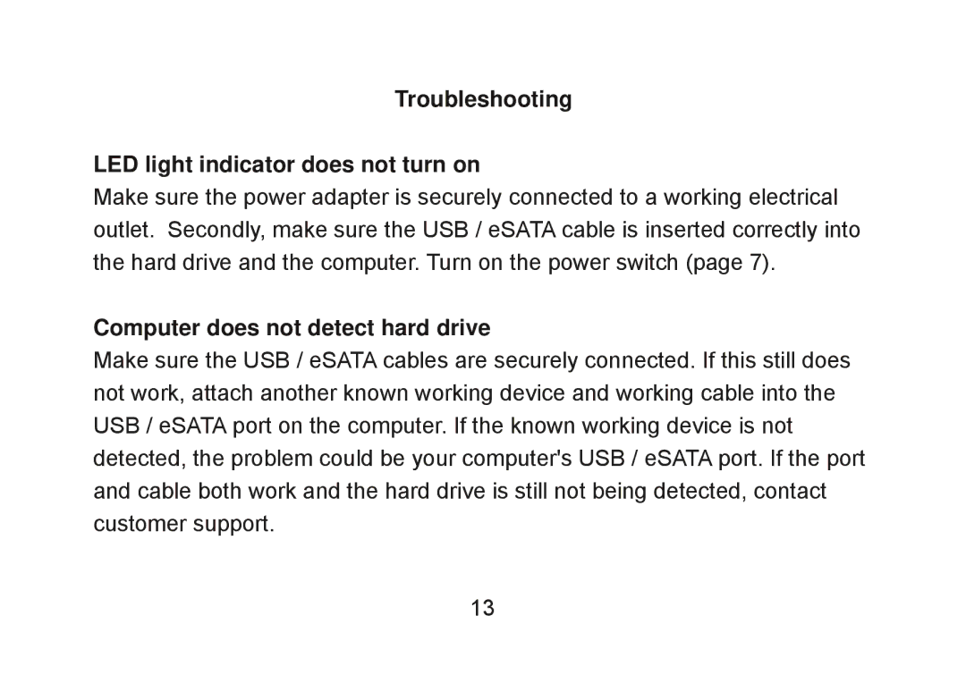 Cavalry Storage CAXM user manual Troubleshooting LED light indicator does not turn on, Computer does not detect hard drive 