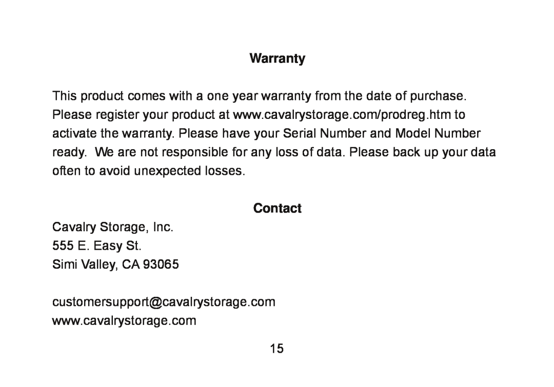 Cavalry Storage CAXM user manual Warranty, Contact, Cavalry Storage, Inc 555 E. Easy St Simi Valley, CA 