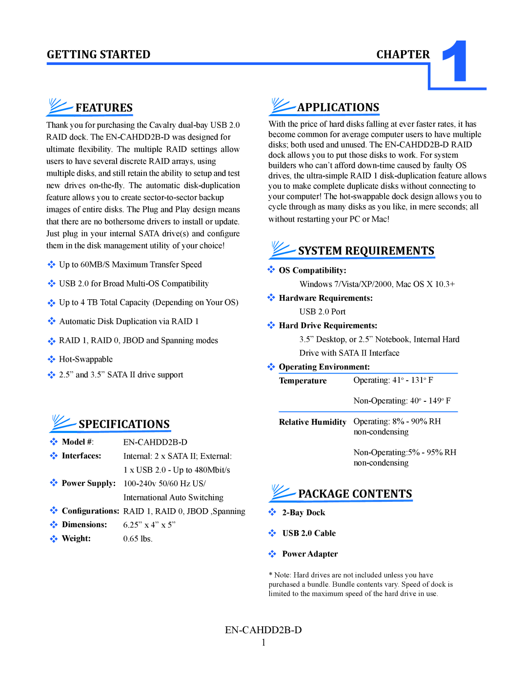 Cavalry Storage EN-CAHDD2B-D Getting Started, Features, Specifications, Applications, System Requirements 