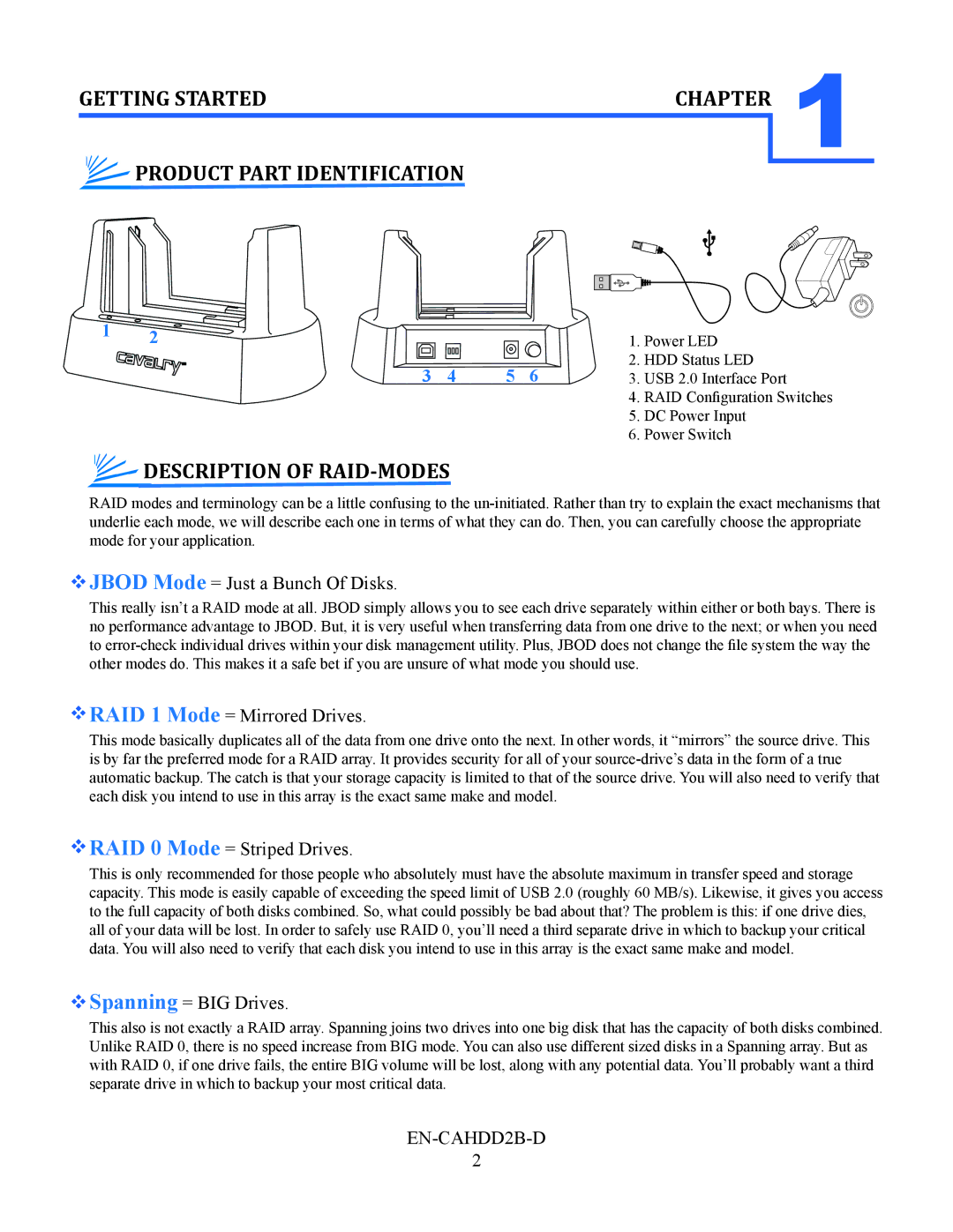 Cavalry Storage EN-CAHDD2B-D instruction manual Product Part Identification, Description of RAID-MODES 