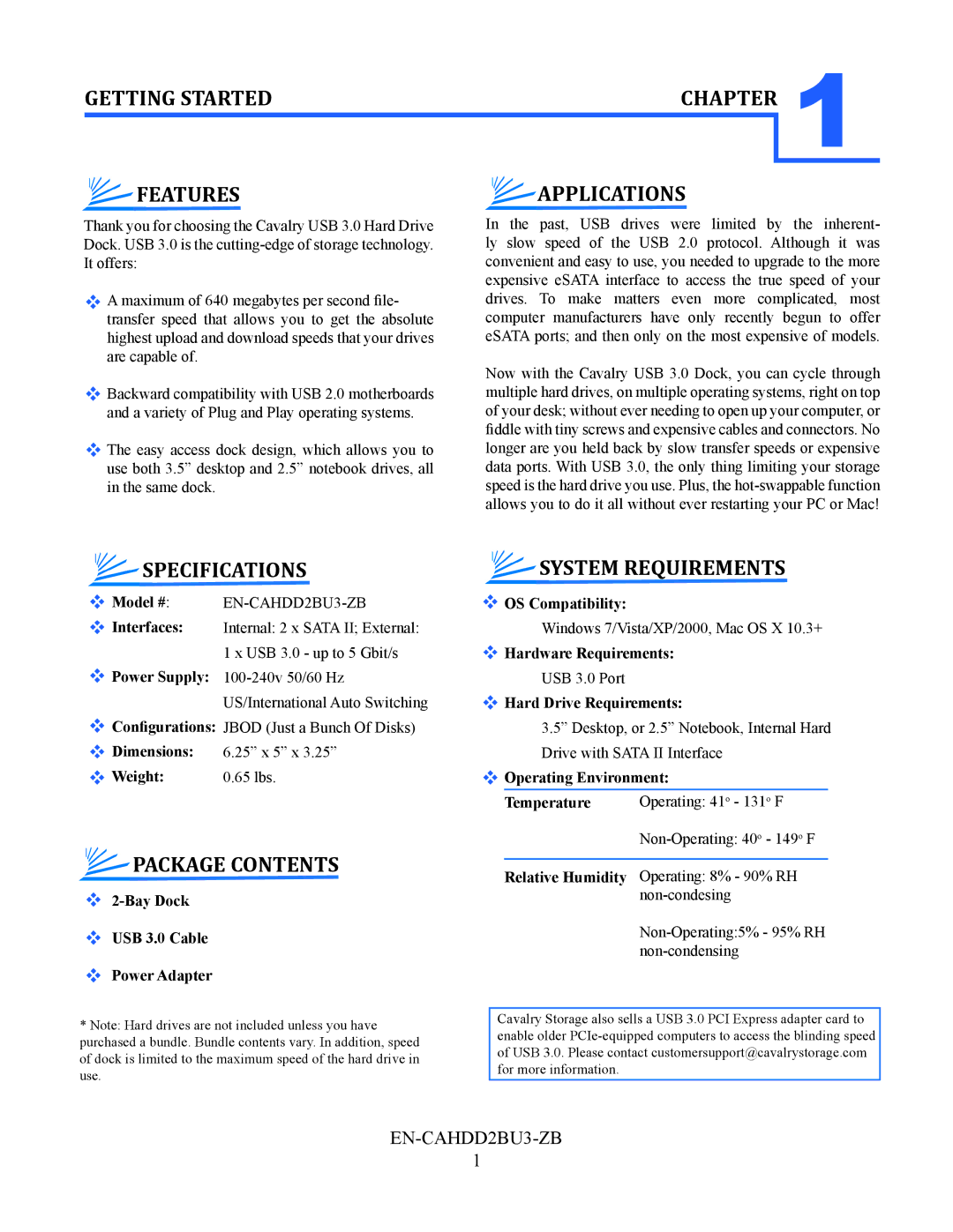Cavalry Storage EN-CAHDD2BU3-ZB Getting Started, Features, Specifications, Package Contents, System Requirements 