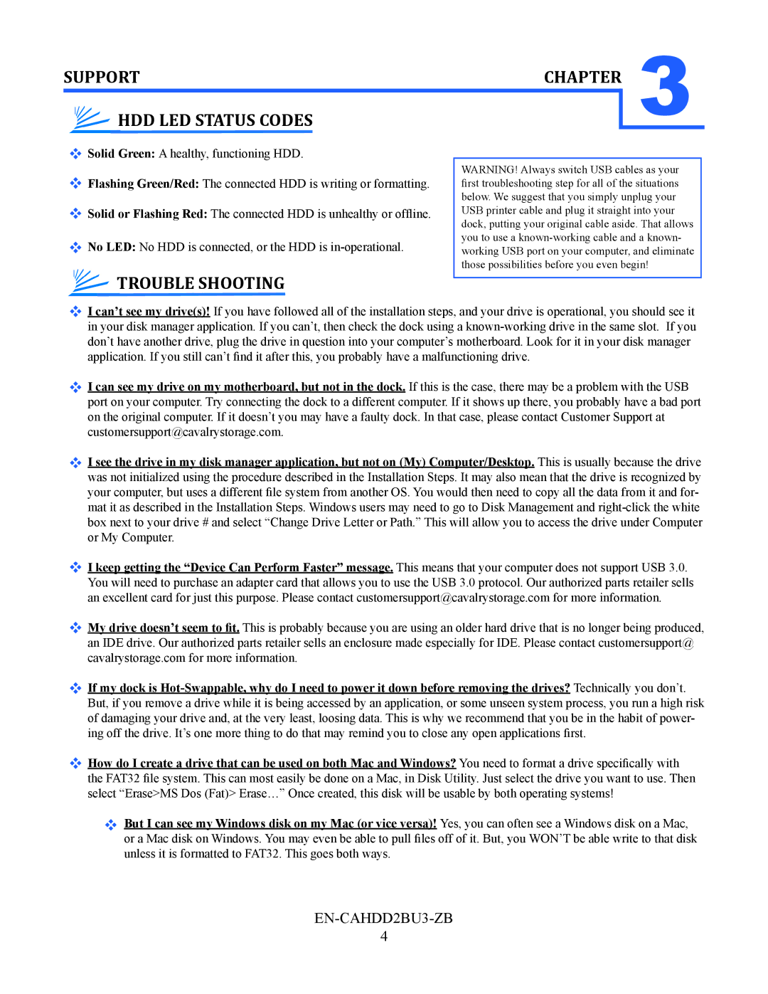 Cavalry Storage EN-CAHDD2BU3-ZB instruction manual Support, HDD LED Status Codes, Trouble Shooting 