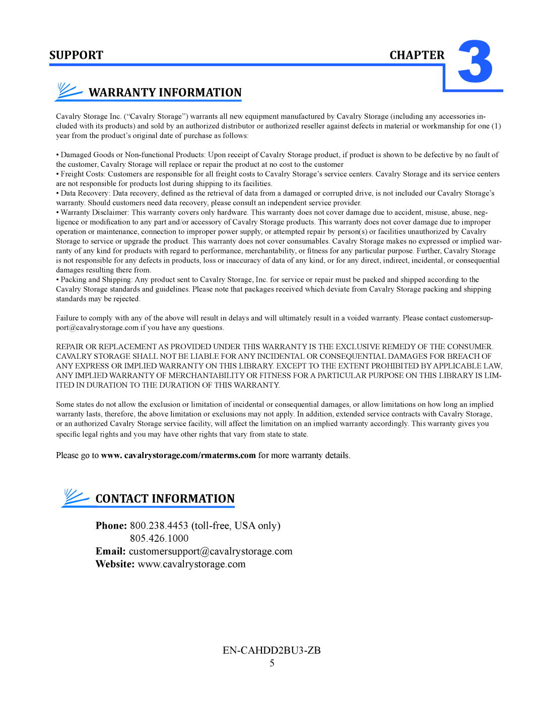 Cavalry Storage EN-CAHDD2BU3-ZB instruction manual Warranty Information, Contact Information 