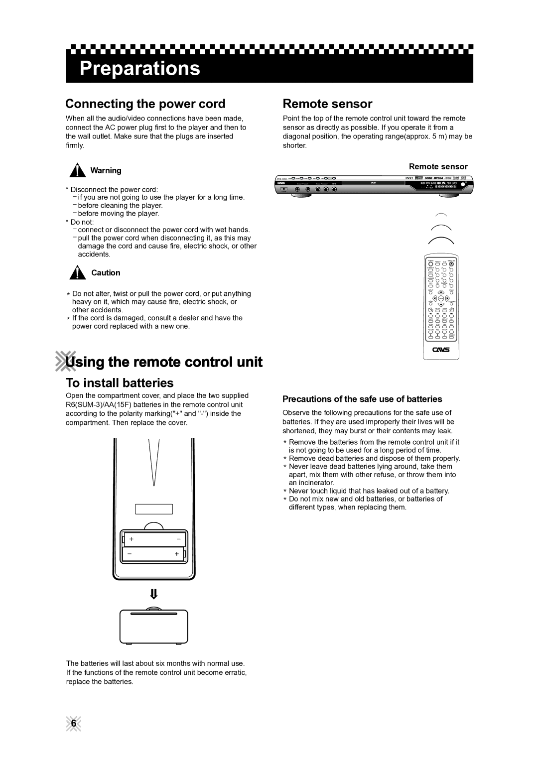 CAVS 105G manual Using the remote control unit, Connecting the power cord Remote sensor, To install batteries 