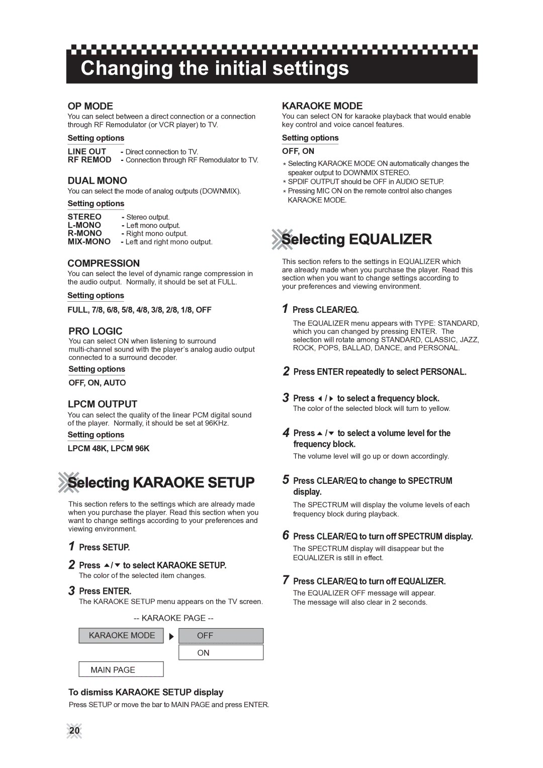 CAVS 105G manual Selecting Equalizer, Selecting Karaoke Setup 