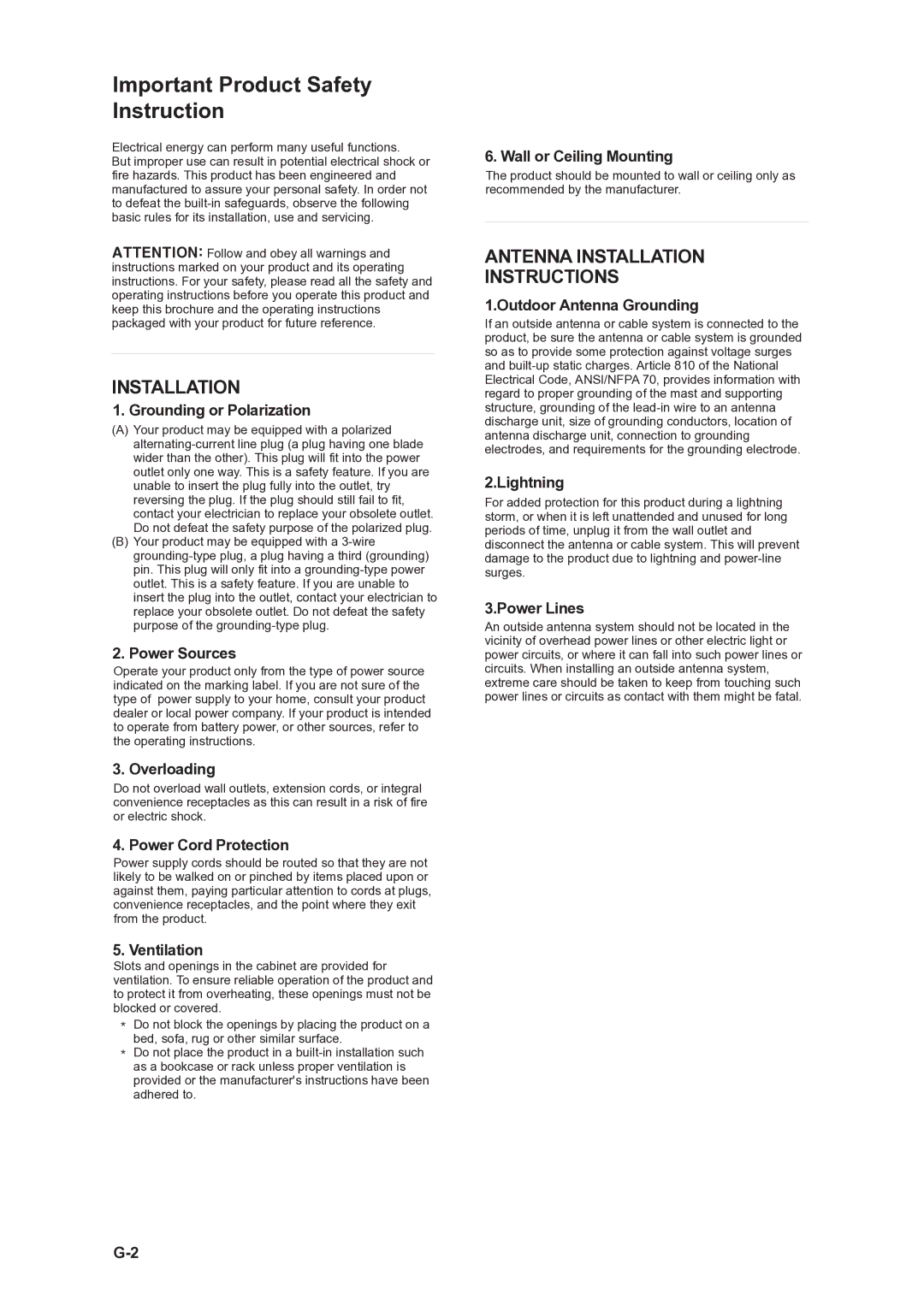 CAVS 105G manual Important Product Safety Instruction 