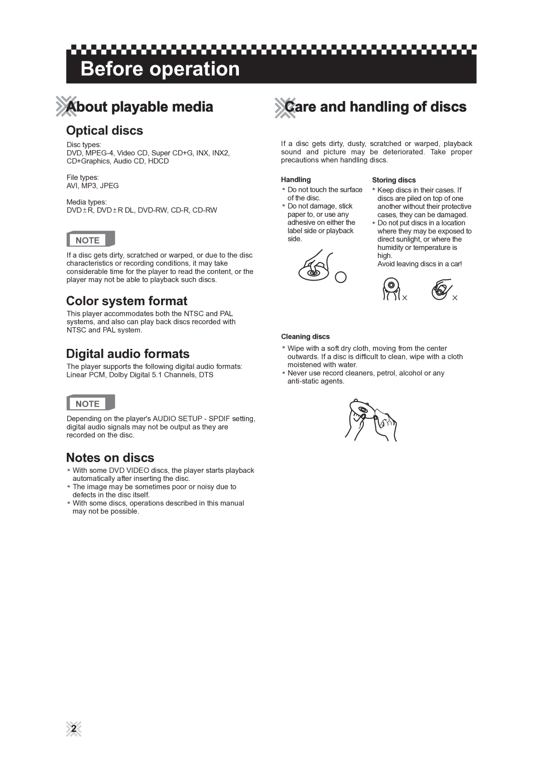 CAVS 105G manual Before operation, About playable media, Care and handling of discs 