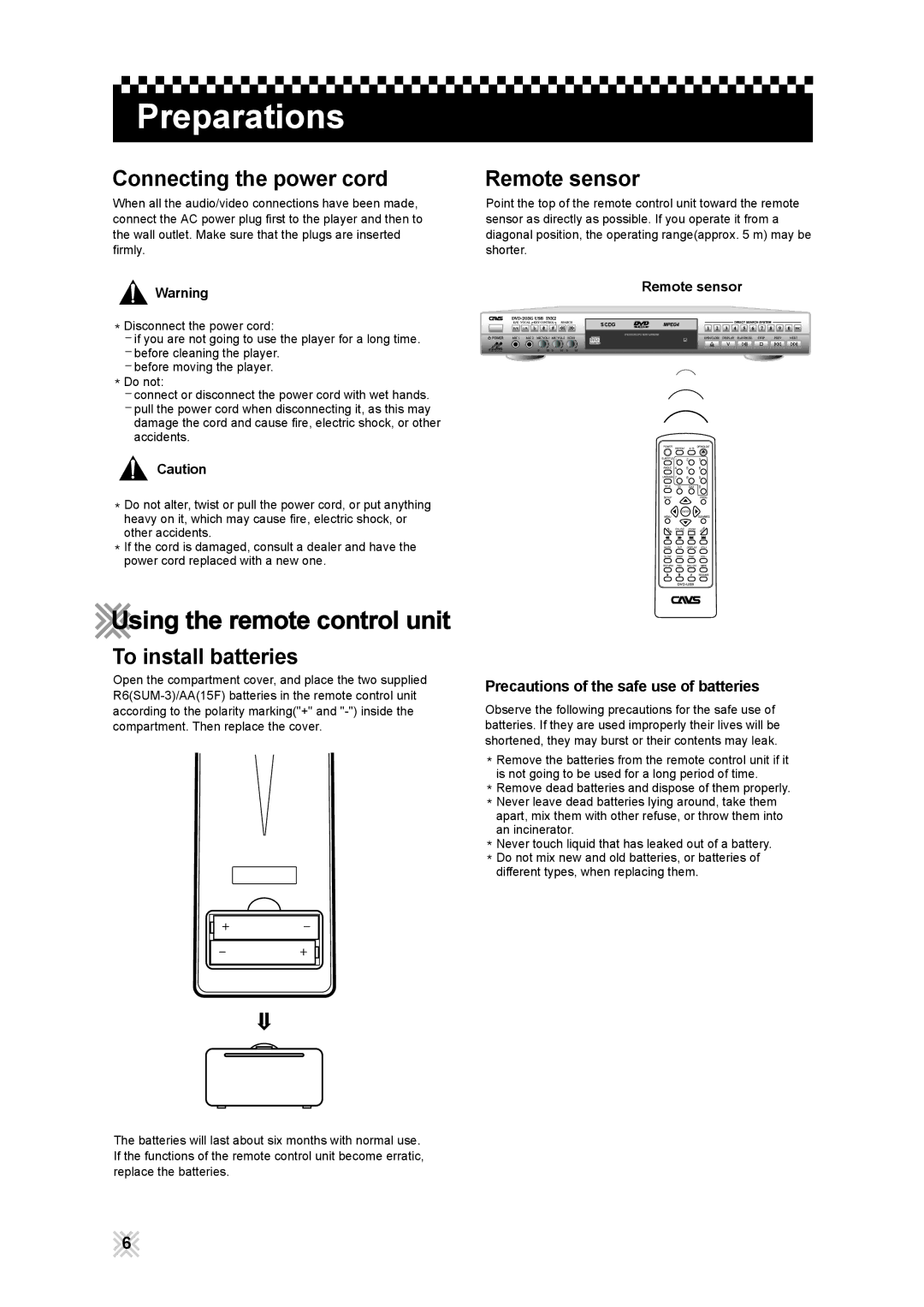 CAVS 203G USB manual Using the remote control unit, Connecting the power cord, To install batteries, Remote sensor 