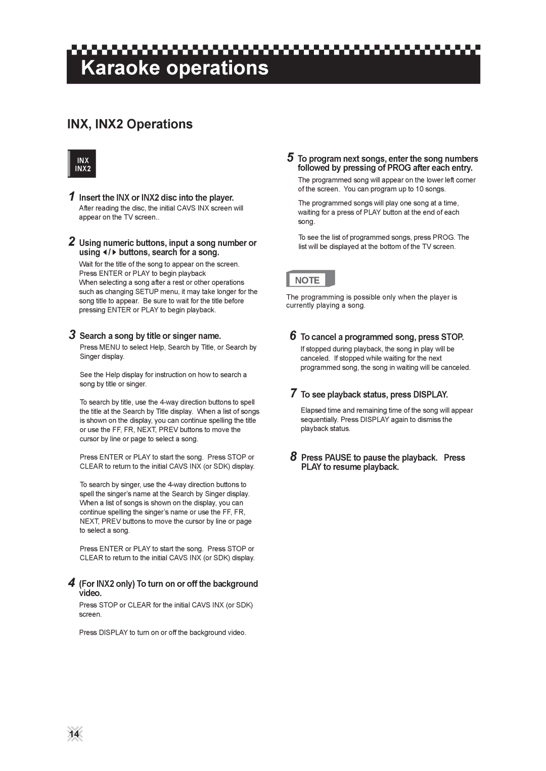 CAVS 203G USB INX, INX2 Operations, Insert the INX or INX2 disc into the player, Search a song by title or singer name 