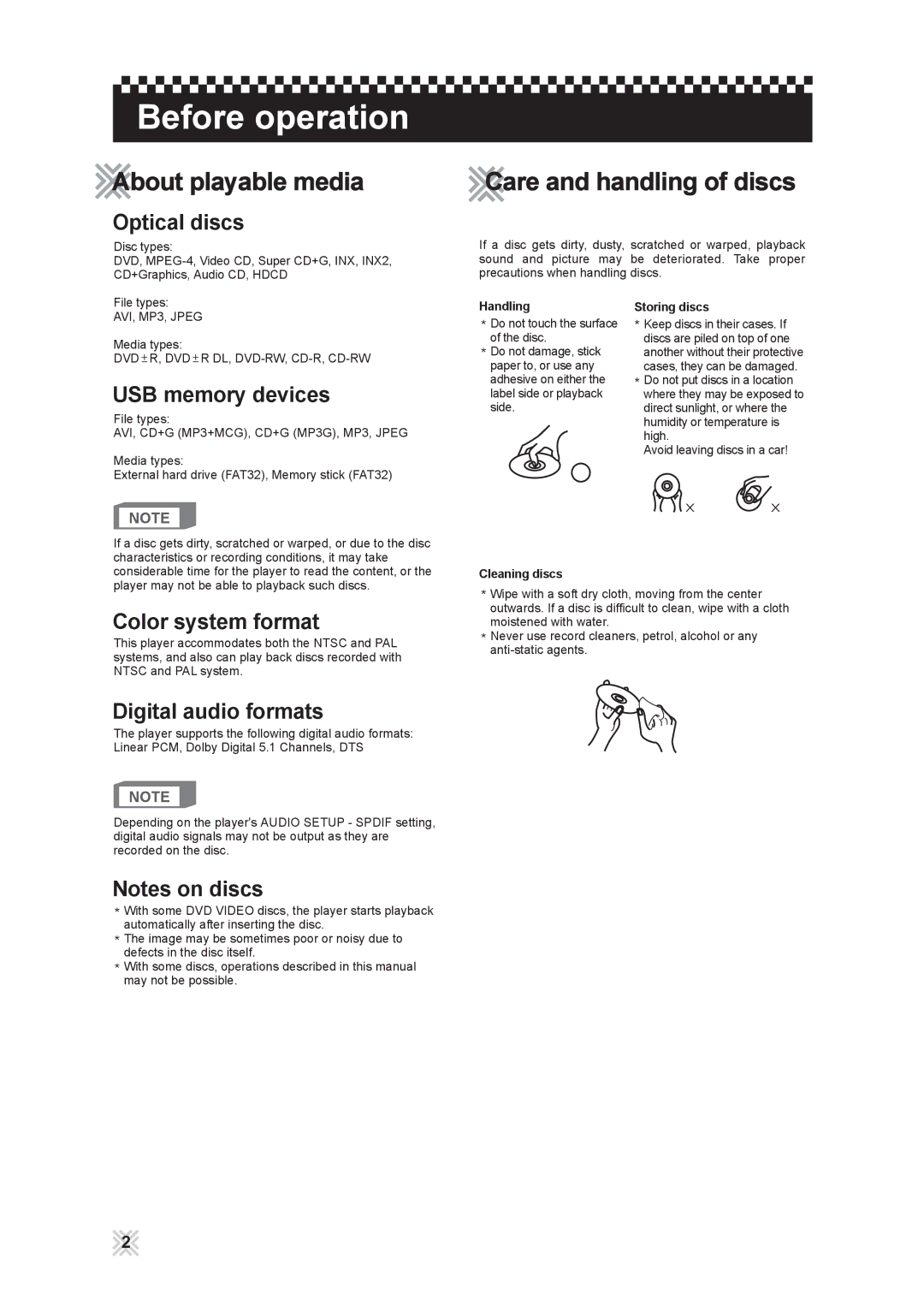 CAVS 203G USB manual Before operation, About playable media, Care and handling of discs 