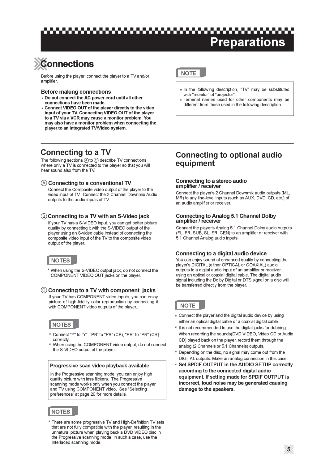 CAVS 203G USB manual Preparations, Connections, Connecting to a TV, Connecting to optional audio equipment 