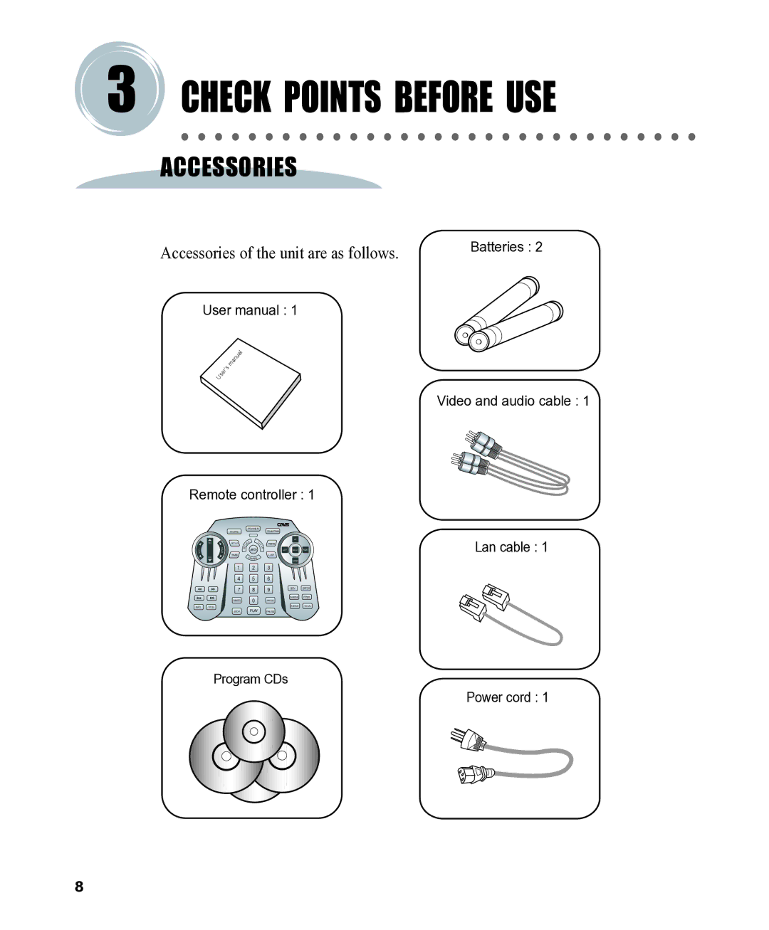 CAVS CAVS JB-199 manual Check Points Before USE, Accessories 