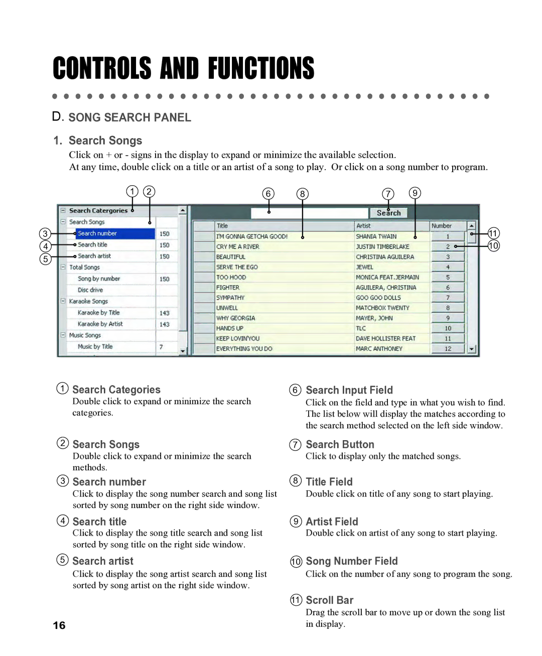 CAVS CAVS JB-199 manual Search Categories, Search Songs, Search number, Search Input Field, Search Button, Title Field 