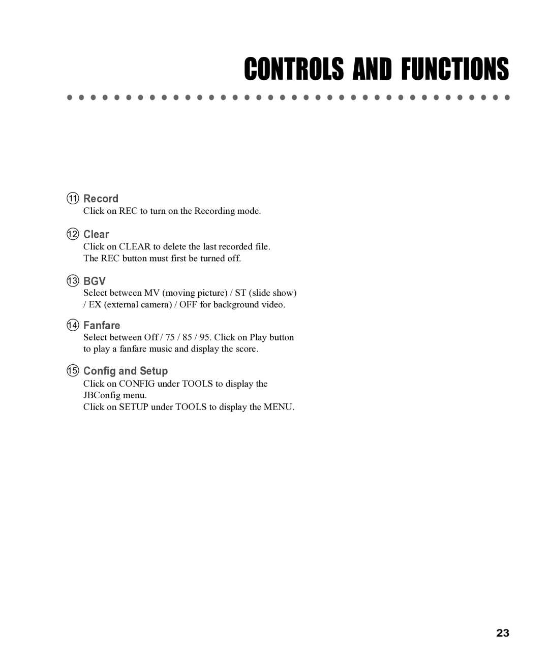 CAVS CAVS JB-199 manual Record, Clear, 13 BGV, Fanfare, Config and Setup 