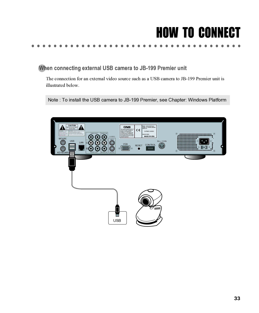 CAVS CAVS JB-199 manual When connecting external USB camera to JB-199 Premier unit 