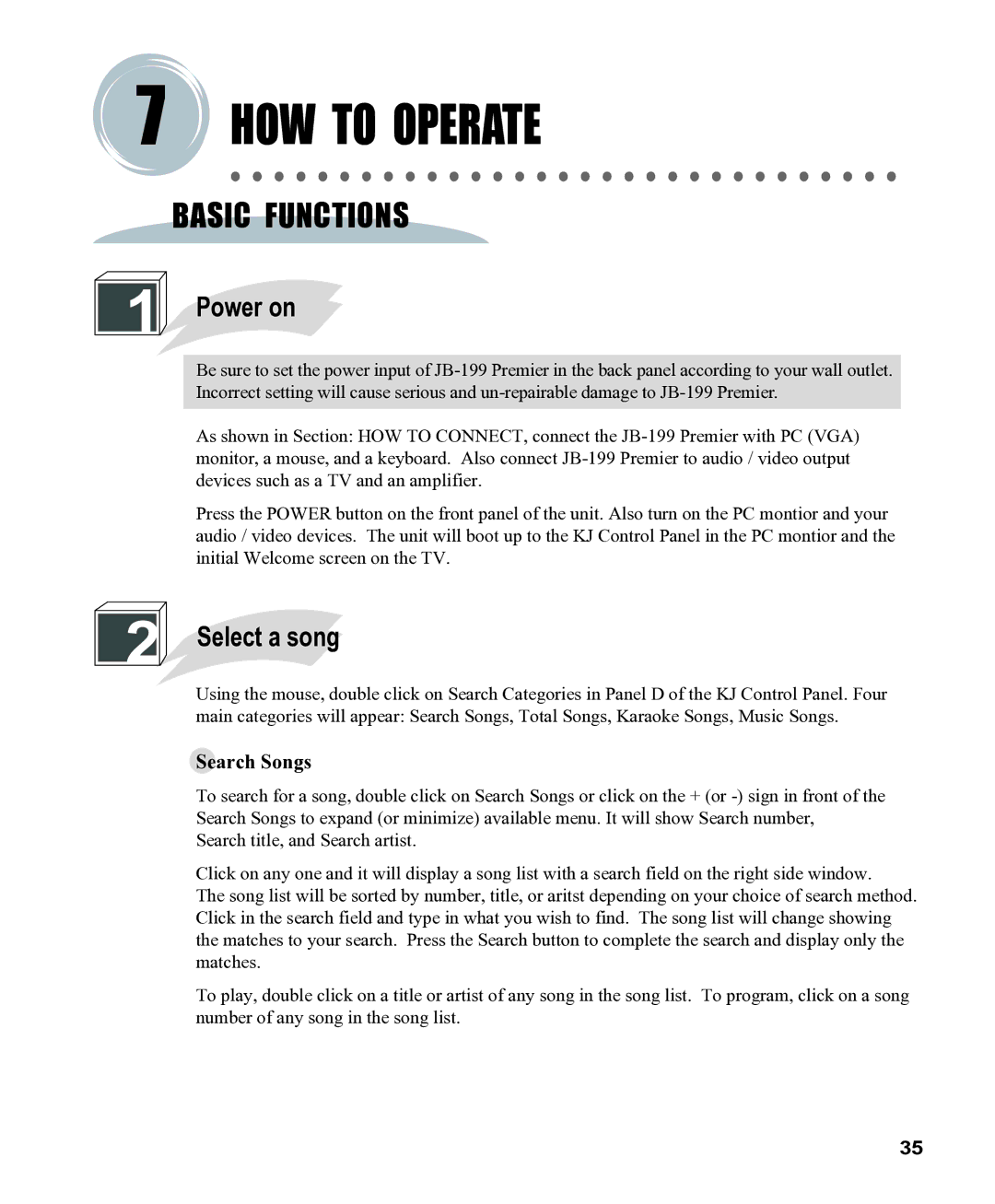 CAVS CAVS JB-199 manual HOW to Operate, Basic Functions, Power on, Select a song, Search Songs 