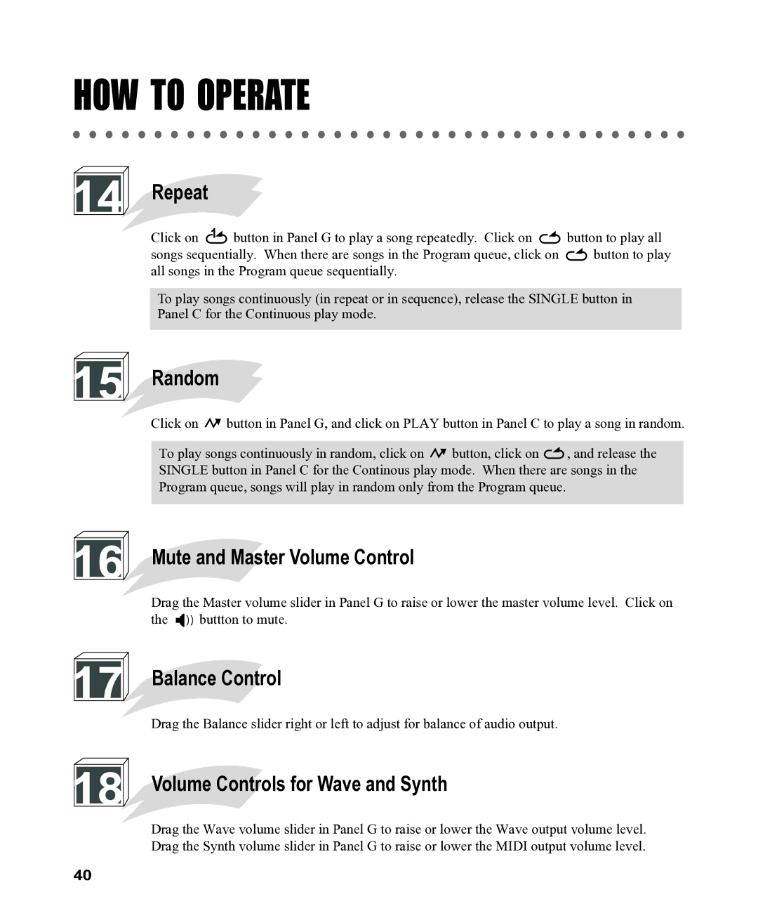 CAVS CAVS JB-199 manual Repeat, Random, Mute and Master Volume Control, Balance Control, Volume Controls for Wave and Synth 