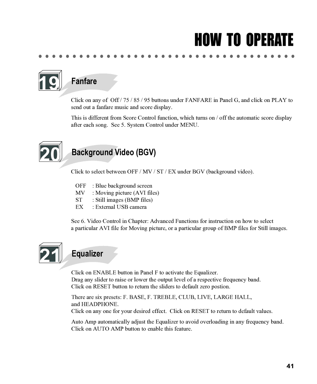 CAVS CAVS JB-199 manual Fanfare, Background Video BGV, Equalizer 