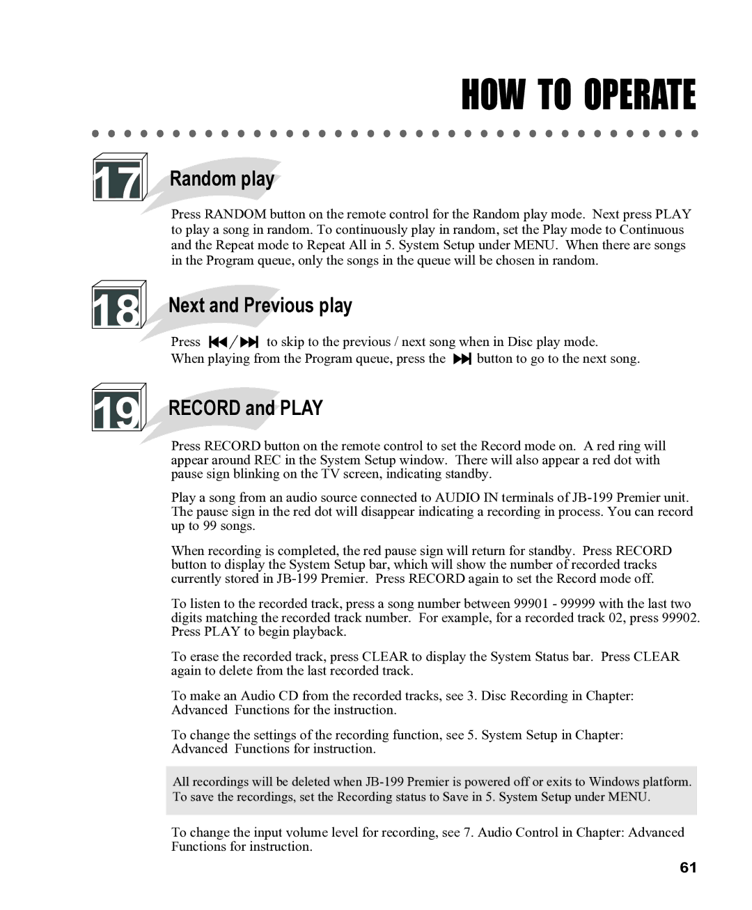 CAVS CAVS JB-199 manual Random play, Next and Previous play 