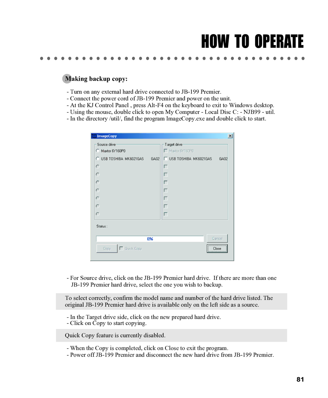 CAVS CAVS JB-199 manual Making backup copy 