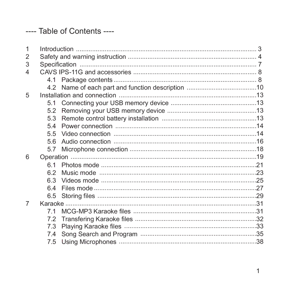 CAVS IPS-11G manual Table of Contents 