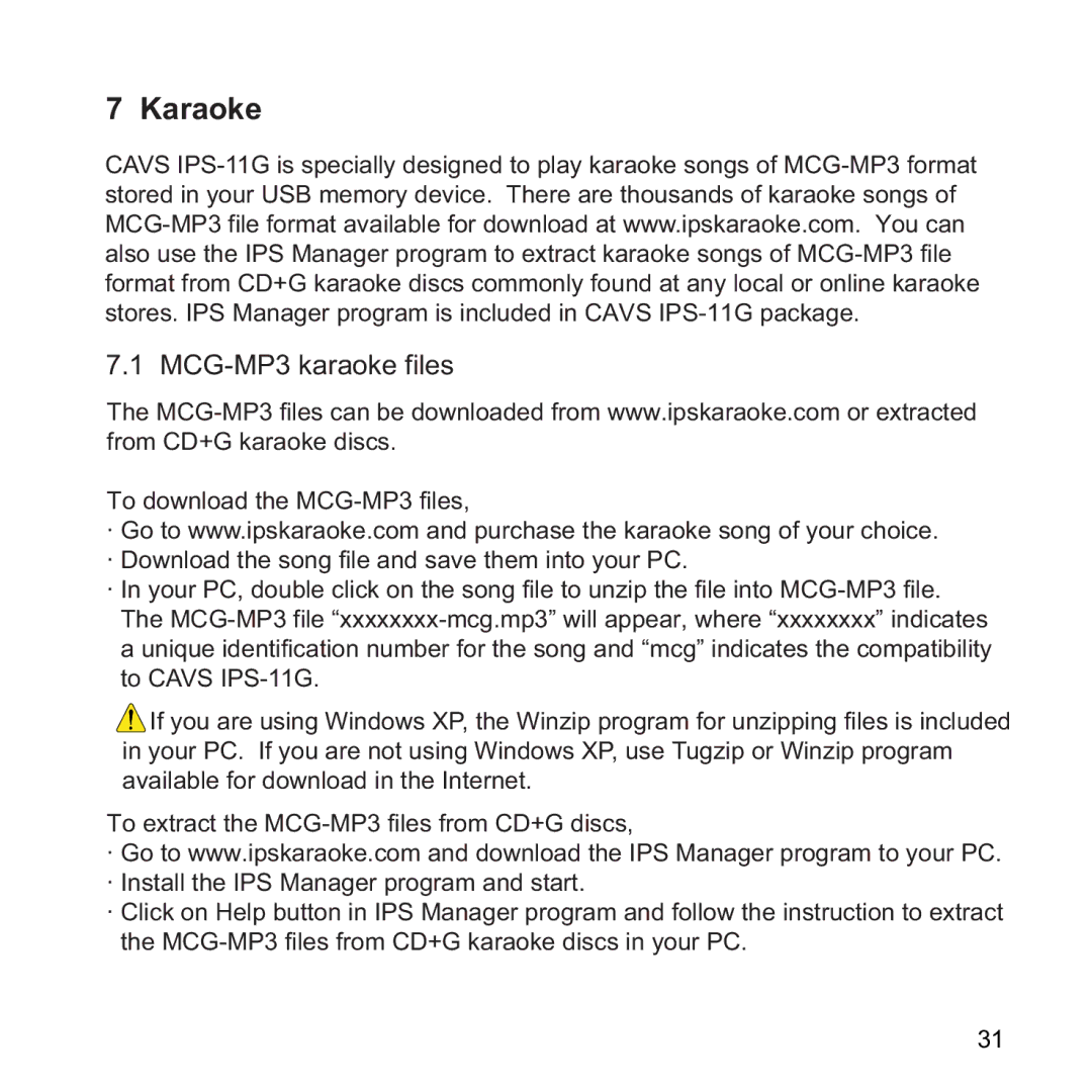 CAVS IPS-11G manual Karaoke, MCG-MP3 karaoke files 