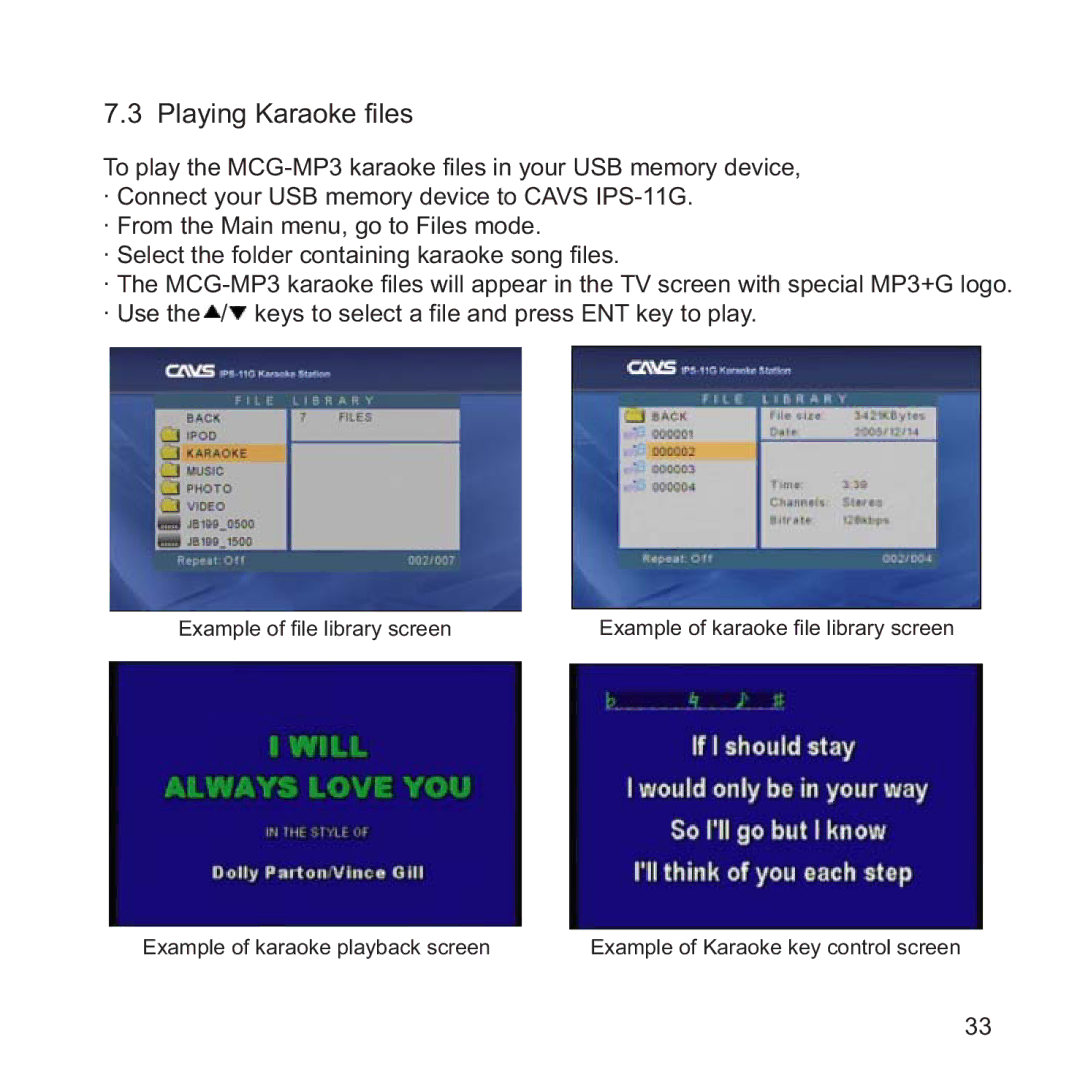 CAVS IPS-11G manual Playing Karaoke files 
