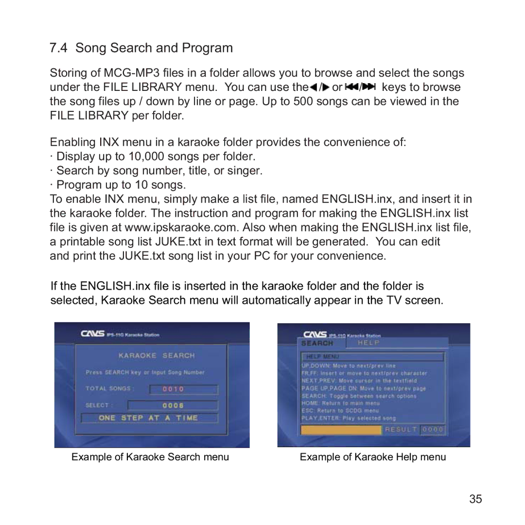 CAVS IPS-11G manual Song Search and Program 