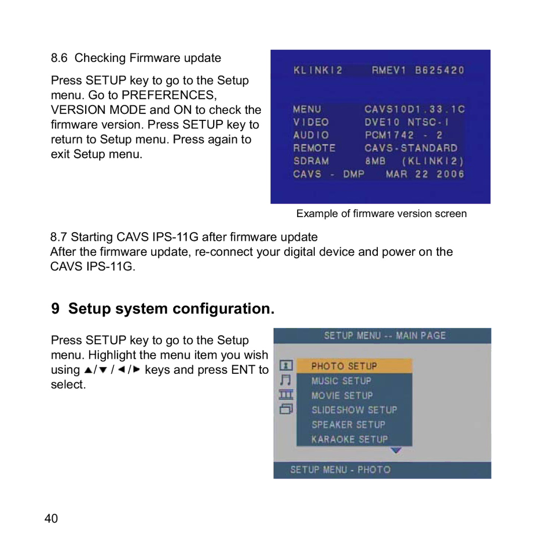 CAVS IPS-11G manual Setup system configuration 