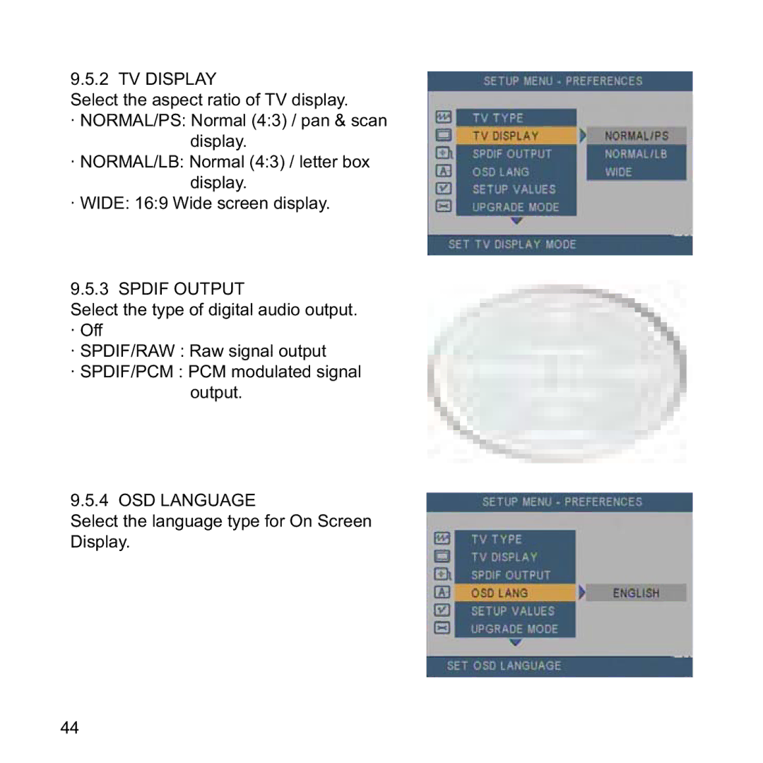 CAVS IPS-11G manual TV Display, Spdif Output, OSD Language 