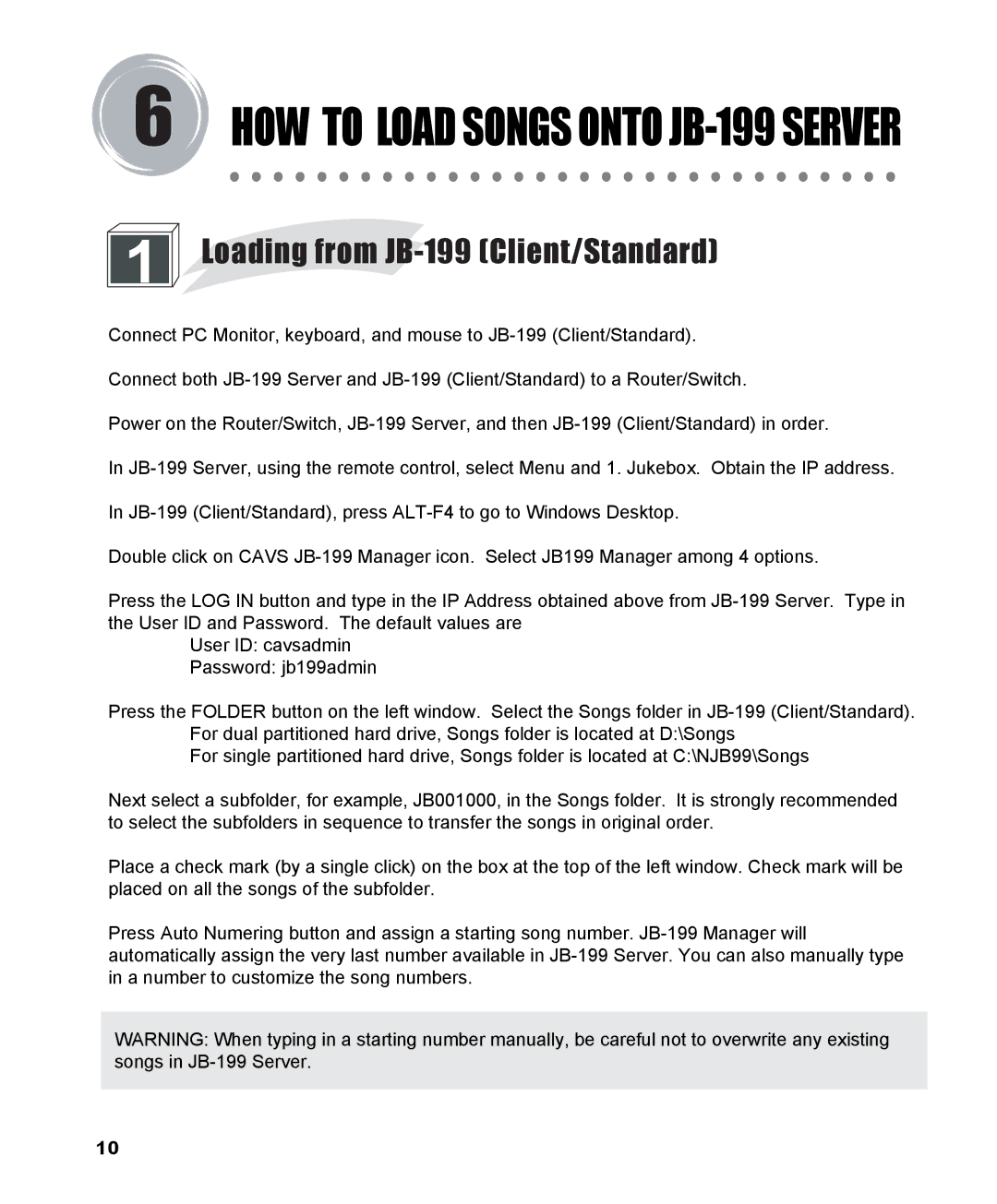 CAVS manual HOW to Load Songs Onto JB-199 Server 