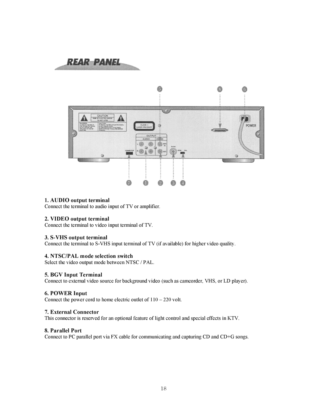 CAVS JB-99 Audio output terminal, Video output terminal, VHS output terminal, NTSC/PAL mode selection switch, Power Input 