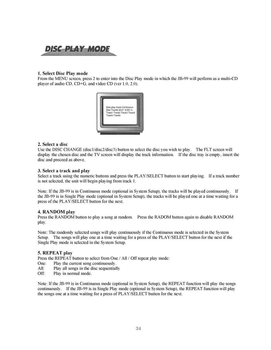 CAVS JB-99 manual Select Disc Play mode, Select a disc, Select a track and play 