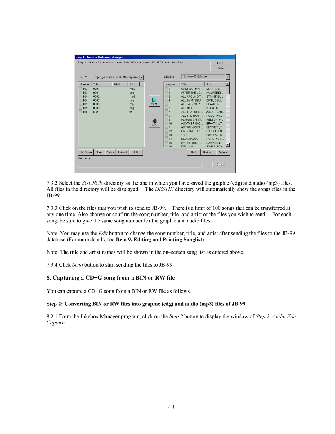 CAVS JB-99 manual Capturing a CD+G song from a BIN or RW file 