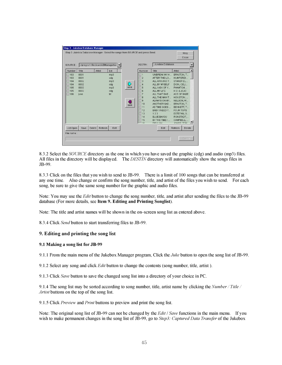 CAVS manual Editing and printing the song list, Making a song list for JB-99 