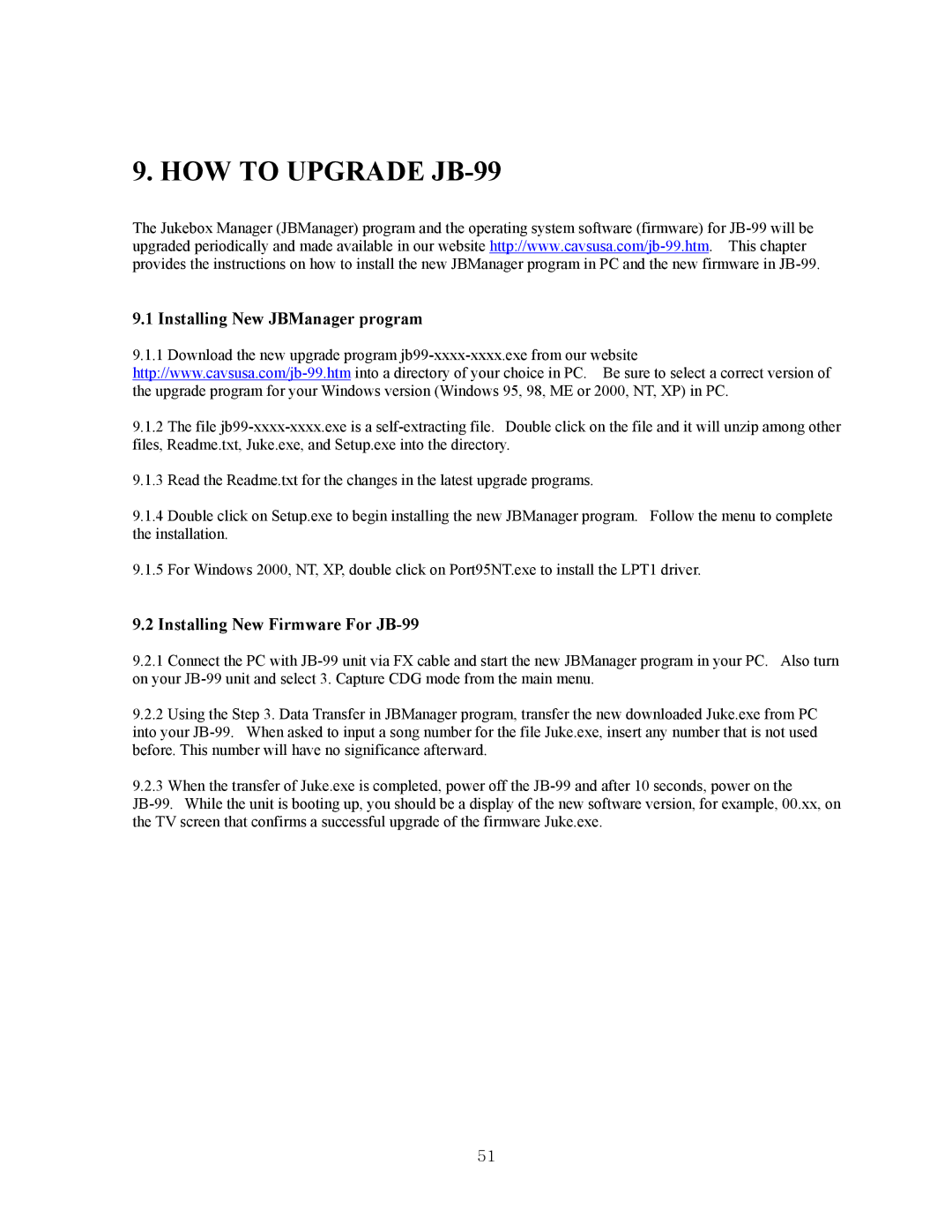 CAVS manual HOW to Upgrade JB-99, Installing New JBManager program, Installing New Firmware For JB-99 