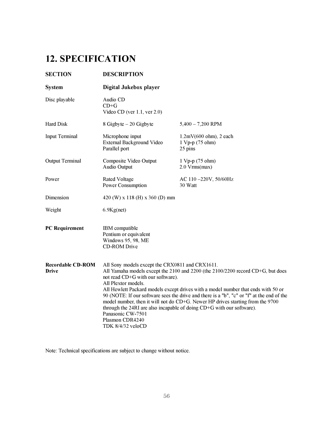 CAVS JB-99 manual Specification, System Digital Jukebox player, PC Requirement, Recordable CD-ROM, Drive 