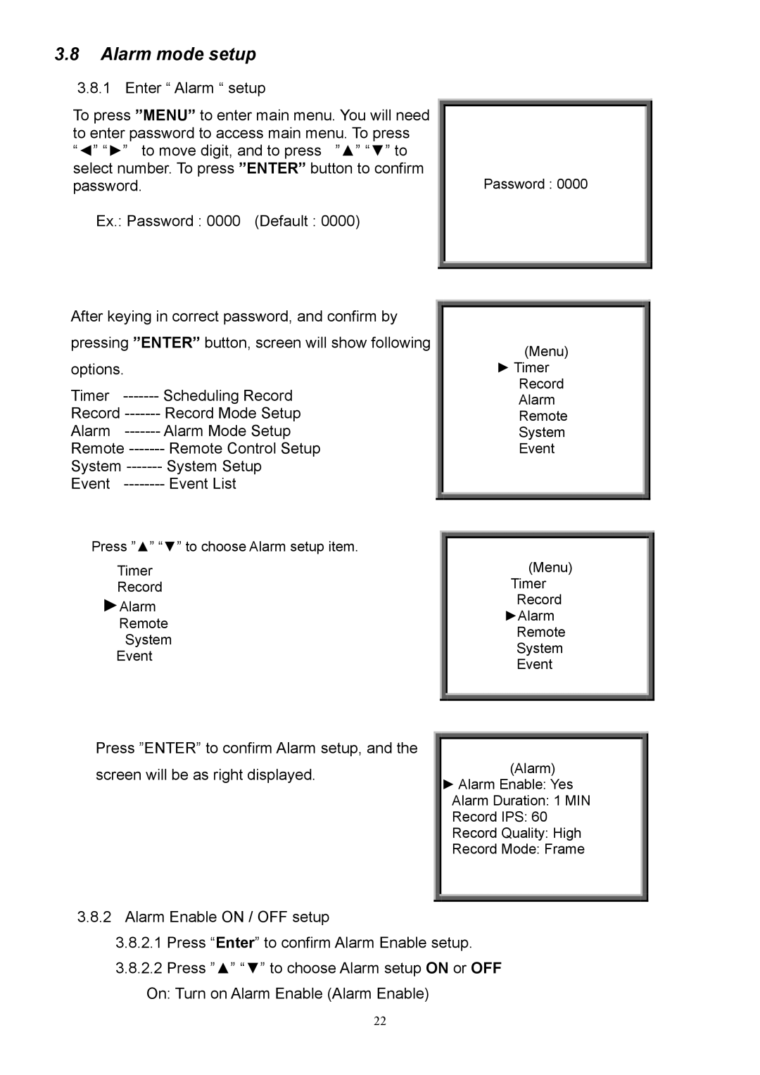 CBC CBC V 0.1 manual Alarm mode setup 