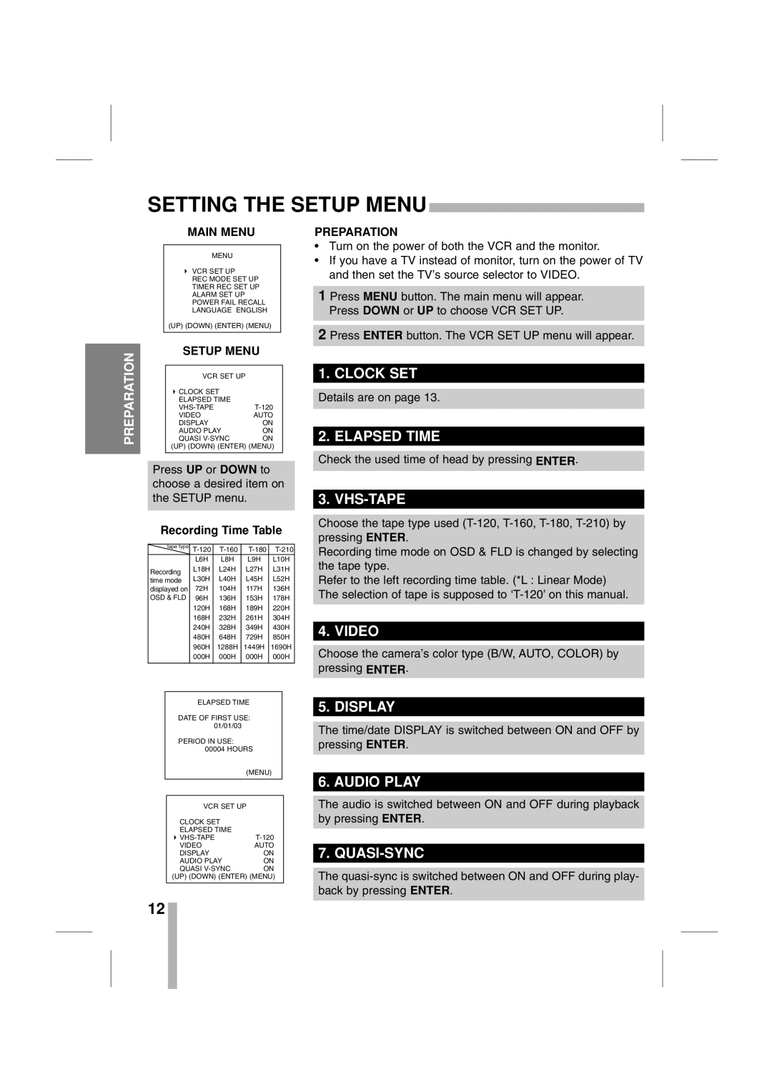 CBC CTR-030NC-2 manual Setting the Setup Menu 