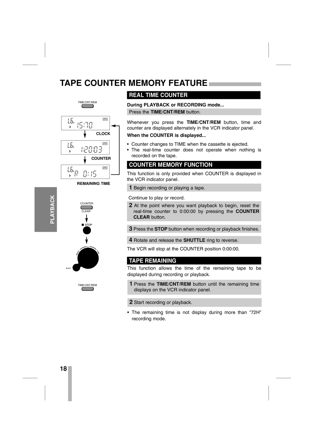 CBC CTR-030NC-2 manual Tape Counter Memory Feature, Real Time Counter, Counter Memory Function, Tape Remaining 