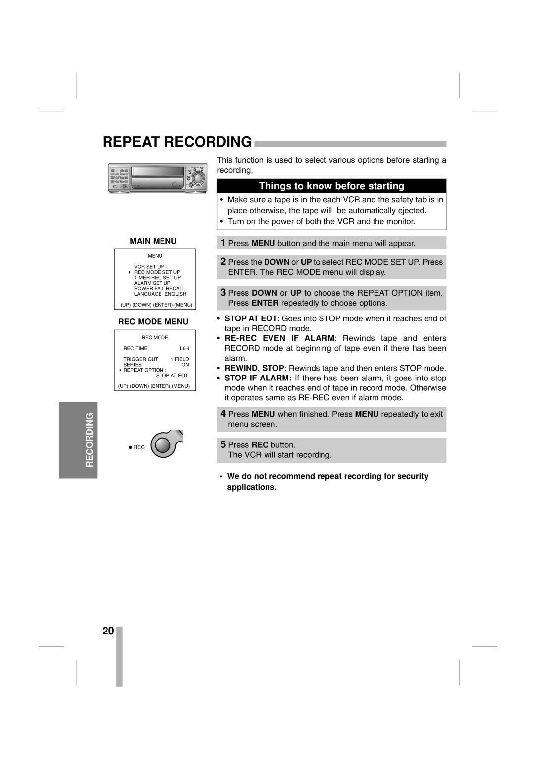 CBC CTR-030NC-2 manual Repeat Recording, REC Mode Menu 