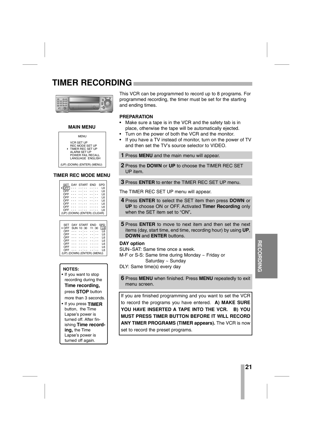 CBC CTR-030NC-2 manual Timer Recording, Timer REC Mode Menu, DAY option 