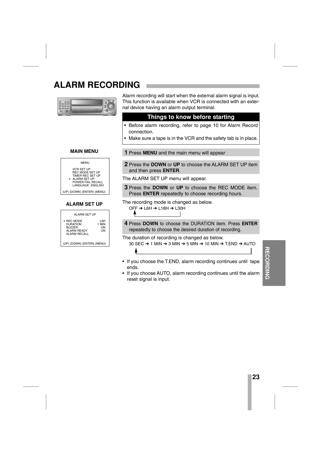 CBC CTR-030NC-2 manual Alarm Recording, Alarm SET UP 