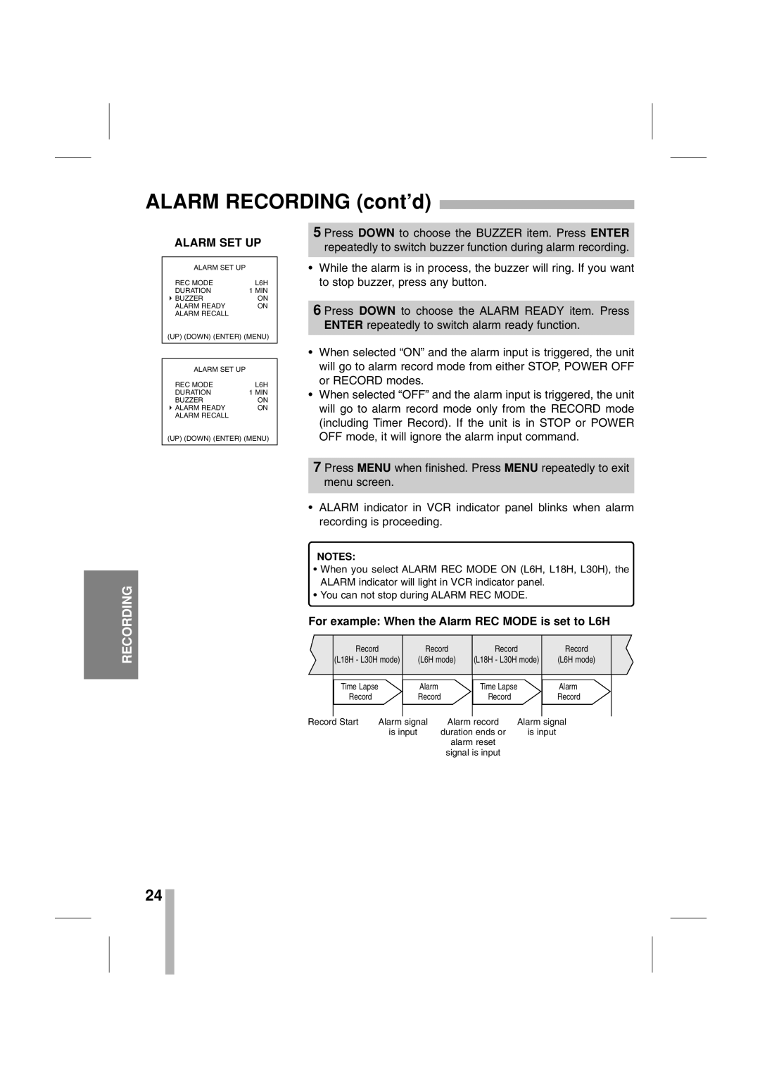 CBC CTR-030NC-2 manual Alarm Recording cont’d, For example When the Alarm REC Mode is set to L6H 