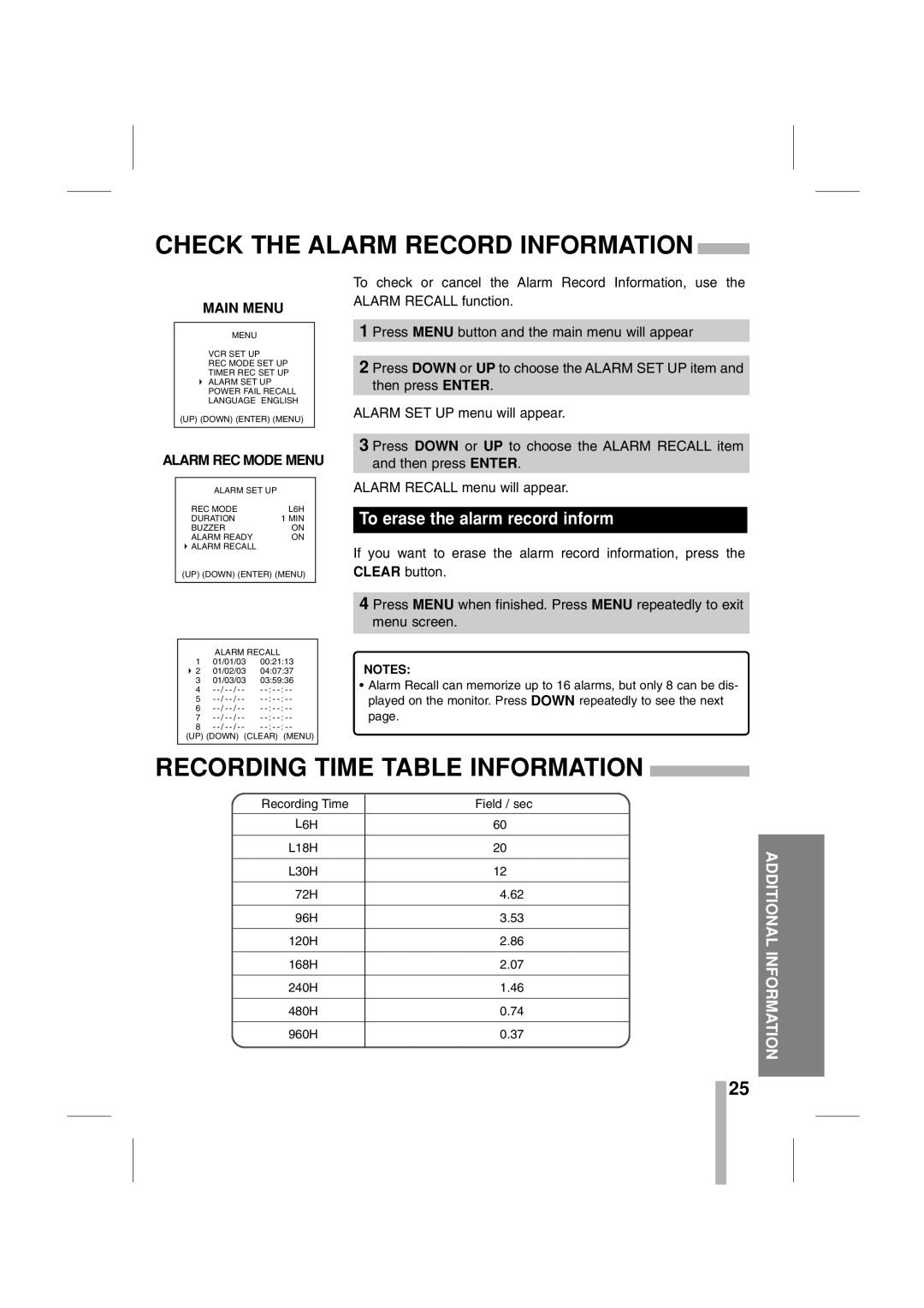 CBC CTR-030NC-2 manual Check the Alarm Record Information, Recording Time Table Information, Alarm REC Mode Menu 