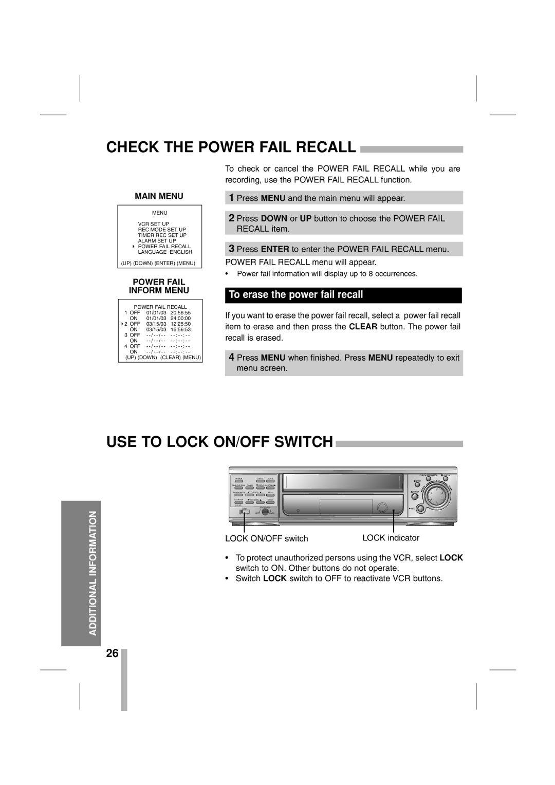 CBC CTR-030NC-2 manual Check the Power Fail Recall, USE to Lock ON/OFF Switch, Power Fail Inform Menu 