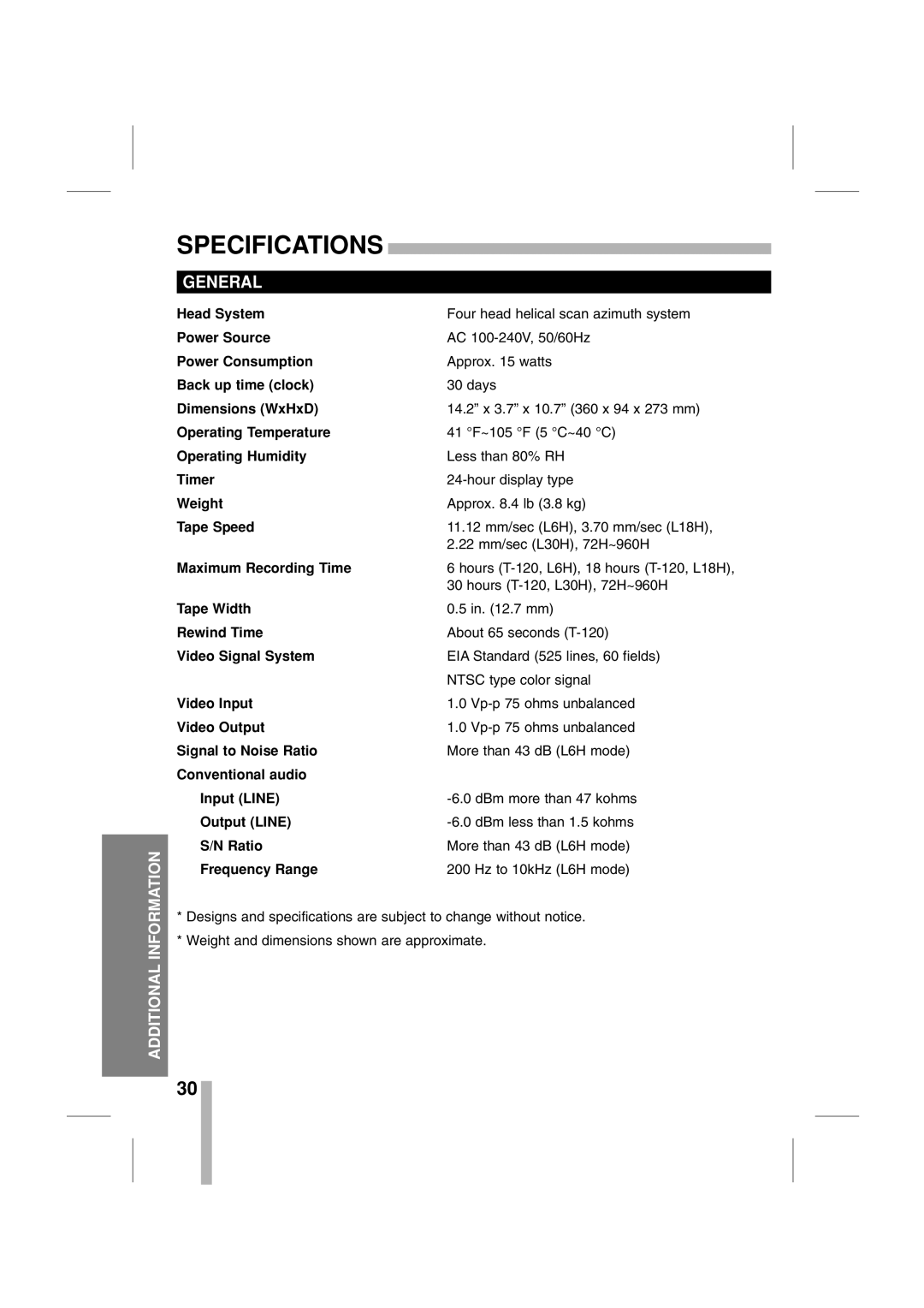 CBC CTR-030NC-2 manual Specifications, General 