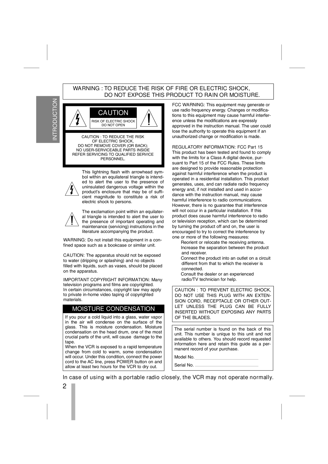 CBC CTR-030NC-2 manual Moisture Condensation, Introduction 